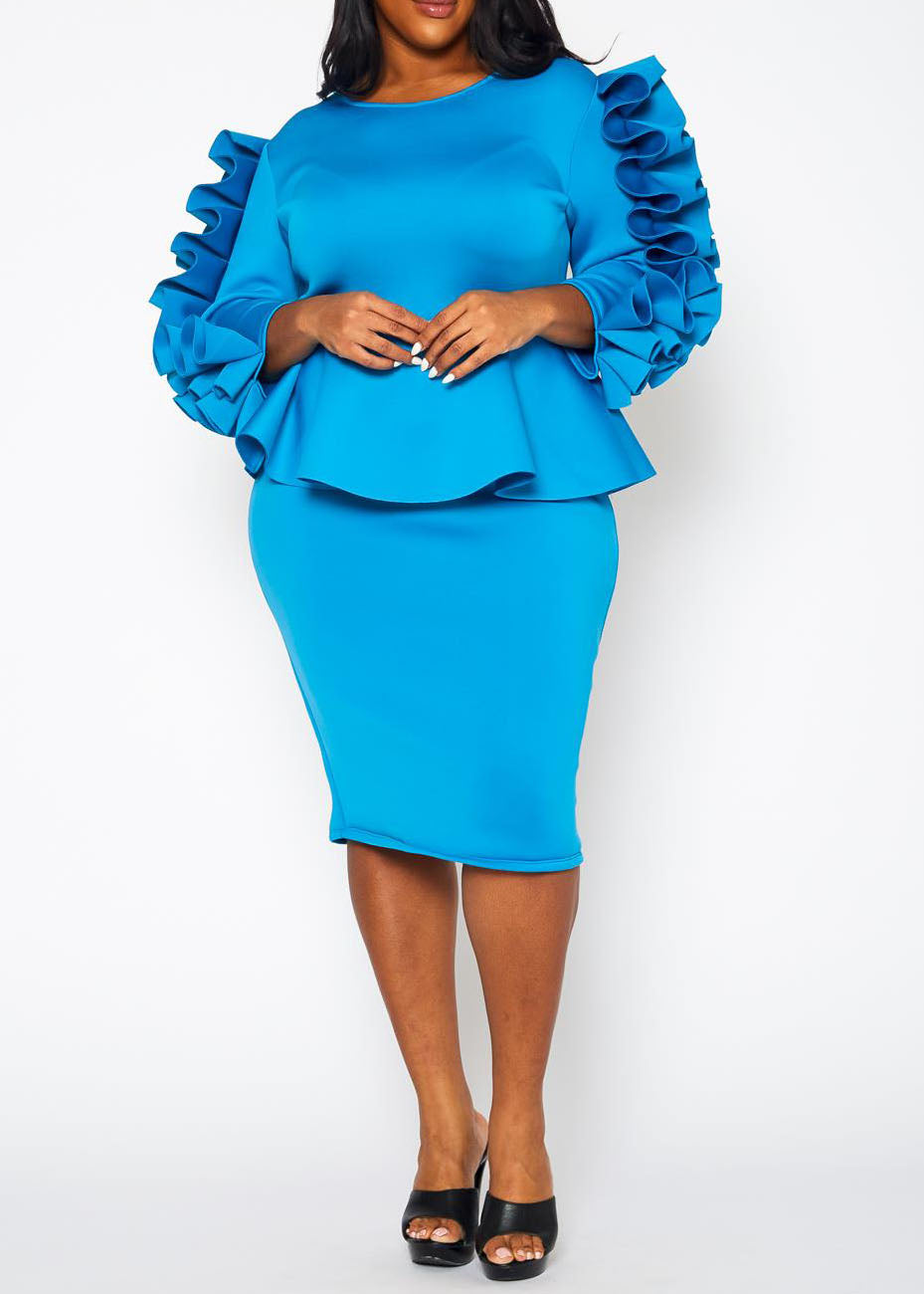 HI Curvy Plus Size Women Ruffle Hem Peplum Midi Dress made in USA