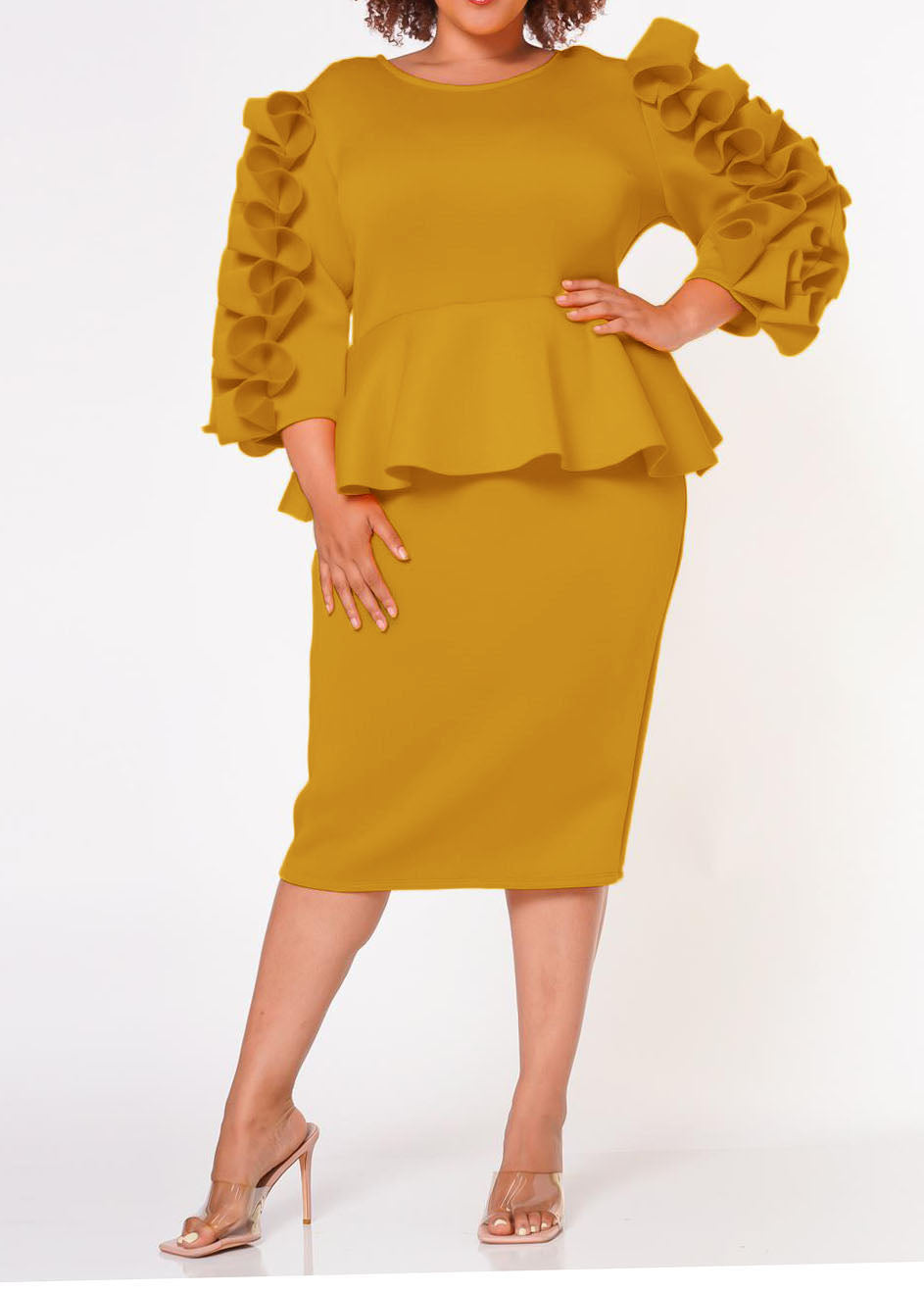 HI Curvy Plus Size Women Ruffle Hem Peplum Midi Dress made in USA