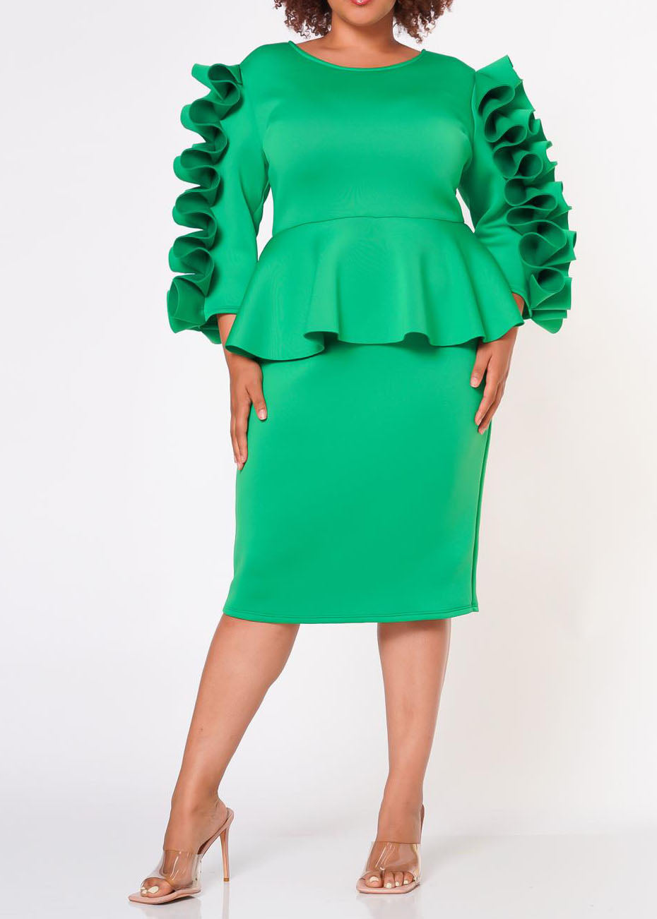 HI Curvy Plus Size Women Ruffle Hem Peplum Midi Dress made in USA