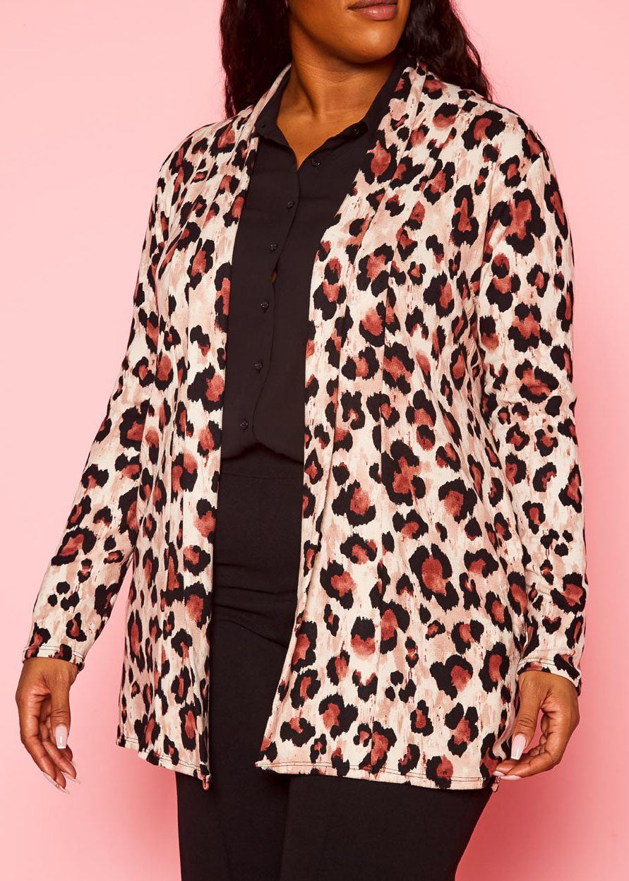 HI CURVY Plus Size Animal Print Open Front Cardigan With Pockets