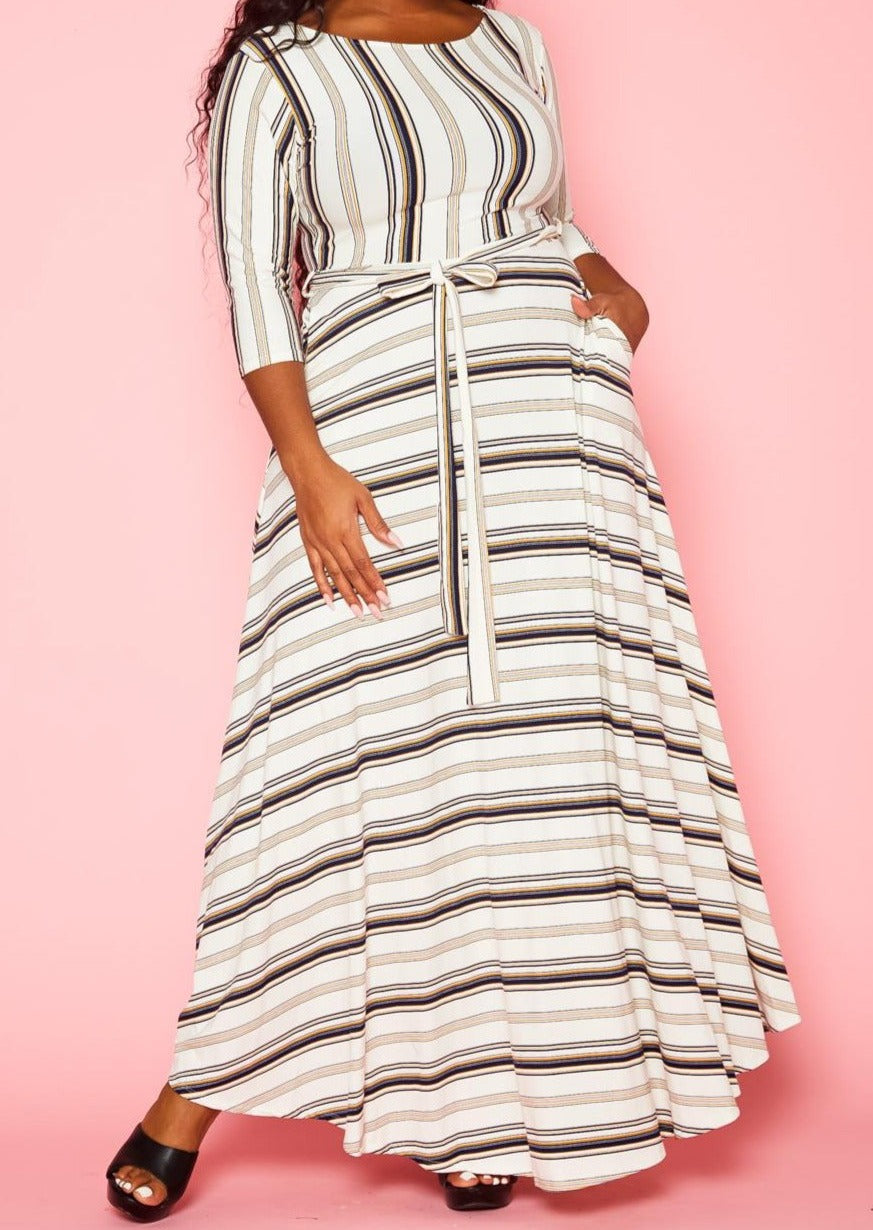 Hi Curvy Plus Size Women Multi Striped Flare Maxi Dress Made In USA