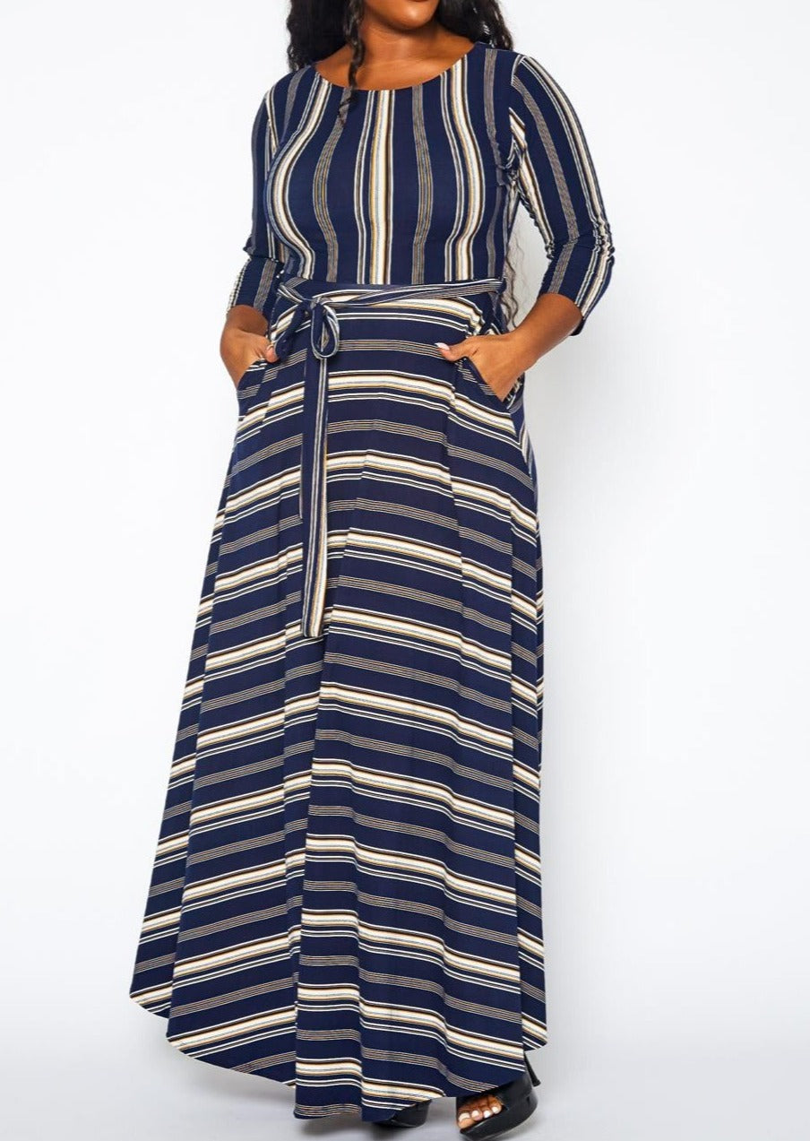 Hi Curvy Plus Size Women Multi Striped Flare Maxi Dress Made In USA