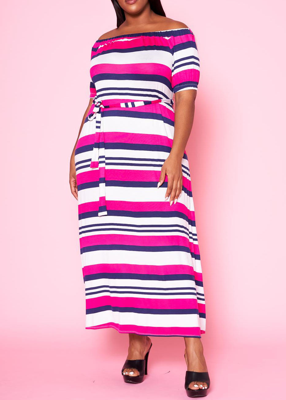 HI Curvy Plus Size Women Off Shoulder Multi Striped Flare Maxi Dress