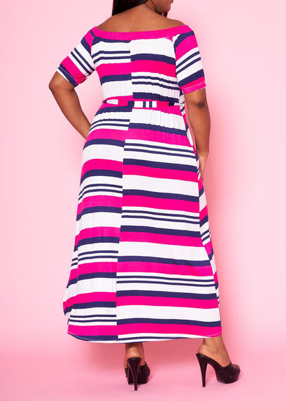 HI Curvy Plus Size Women Off Shoulder Multi Striped Flare Maxi Dress