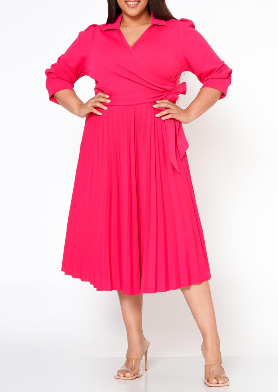 Hi Curvy Plus Size Women Pleated Flare Midi Dress Made in USA