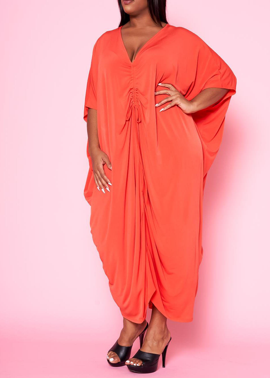 Hi Curvy Plus Size Women Ruched Dolman Sleeve Maxi Dress Made in USA