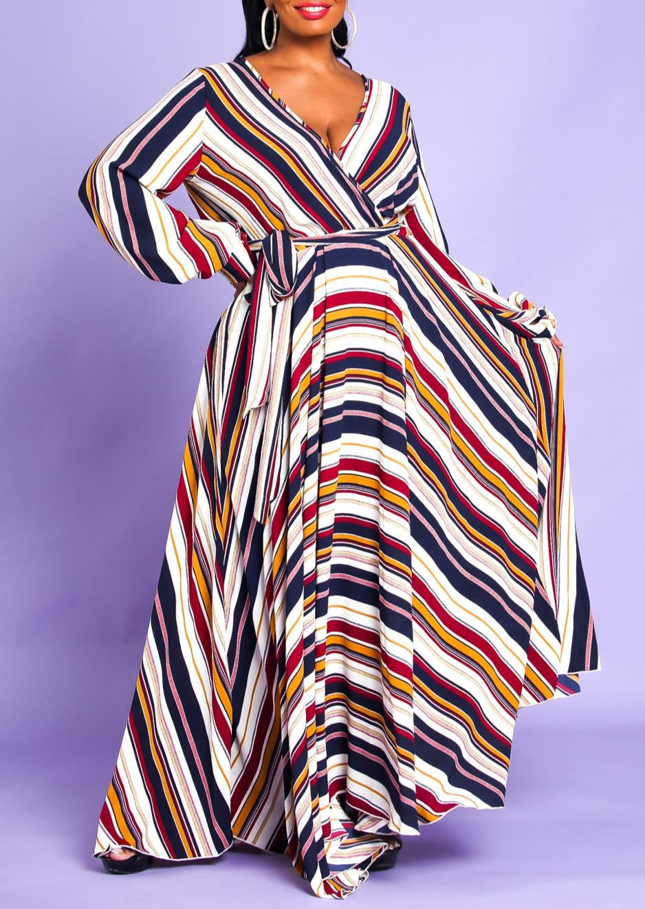 Hi Curvy Plus Size Women Multi Stripe Flare Maxi Dress Made In USA