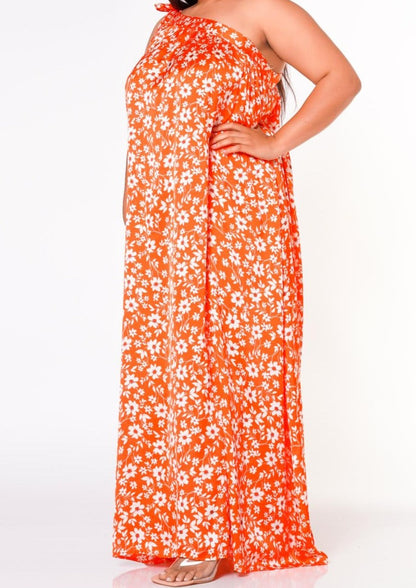 Hi Curvy Plus Size Women One Shoulder Floral Print Maxi Dress