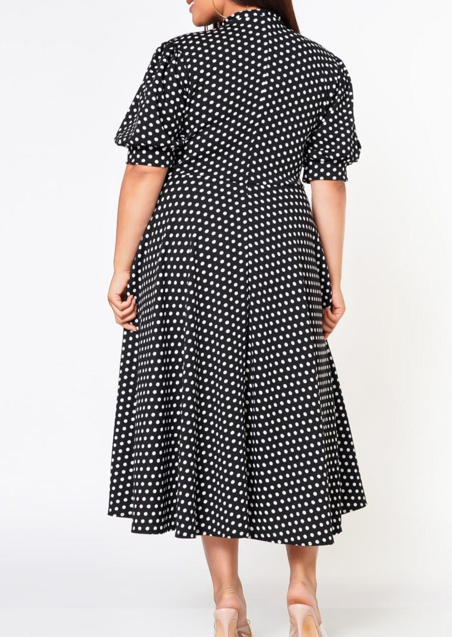 HI Curvy Plus Size Women Polka Dot Print Bow Collar Flare Dress Made in USA