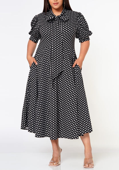 HI Curvy Plus Size Women Polka Dot Print Bow Collar Flare Dress Made in USA