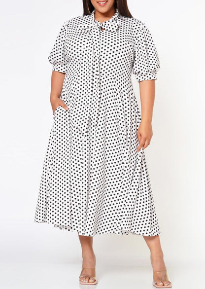HI Curvy Plus Size Women Polka Dot Print Bow Collar Flare Dress Made in USA