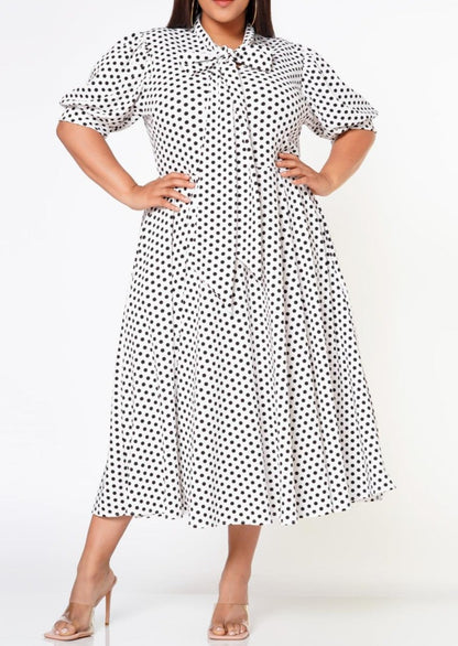 HI Curvy Plus Size Women Polka Dot Print Bow Collar Flare Dress Made in USA