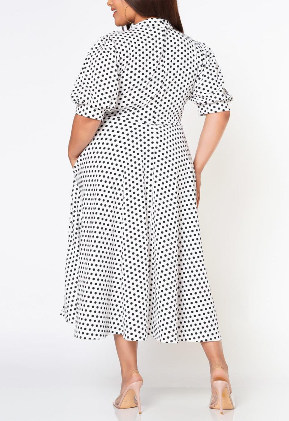 HI Curvy Plus Size Women Polka Dot Print Bow Collar Flare Dress Made in USA