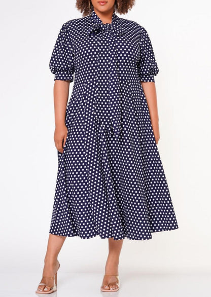 HI Curvy Plus Size Women Polka Dot Print Bow Collar Flare Dress Made in USA