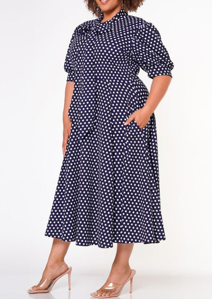 HI Curvy Plus Size Women Polka Dot Print Bow Collar Flare Dress Made in USA