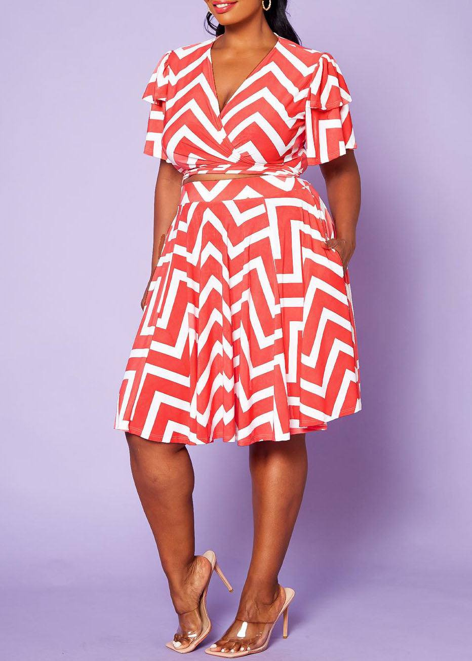 Hi Curvy Plus Size Chevron Pattern Top & Skirt Set