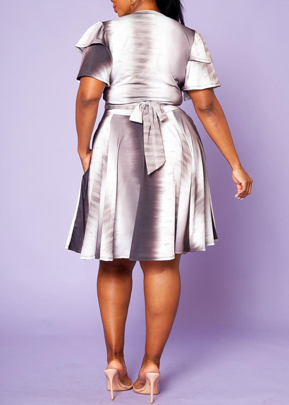 Hi Curvy Plus Size Ruffle Sleeve Wrap Blouse & Flare Skirt Set