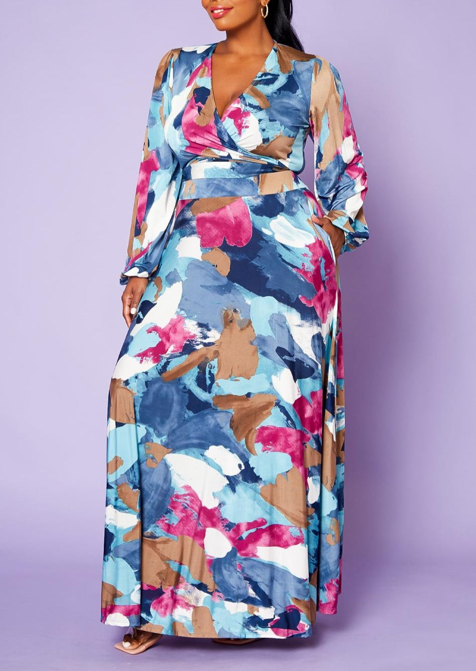 HI Curvy Plus Size Women Watermark Print Blouse and Maxi Skirt Set