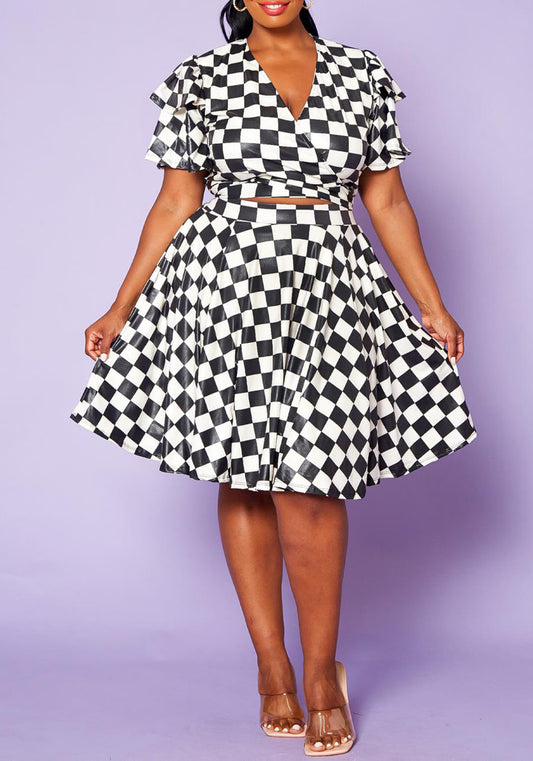 Hi Curvy Plus Size Checkered Print Wrap Top & Flare Skirt Set
