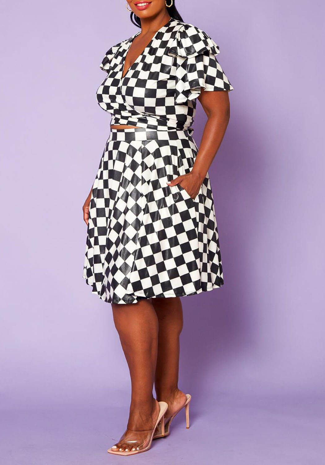 Hi Curvy Plus Size Checkered Print Wrap Top & Flare Skirt Set