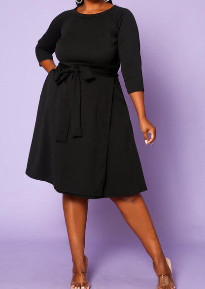 HI CURVY Plus Size 3/4 Sleeves Wrap Midi Dress with pocket and belt