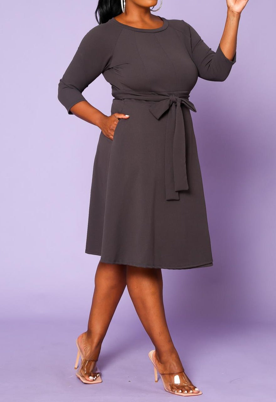 HI CURVY Plus Size 3/4 Sleeves Wrap Midi Dress with pocket and belt