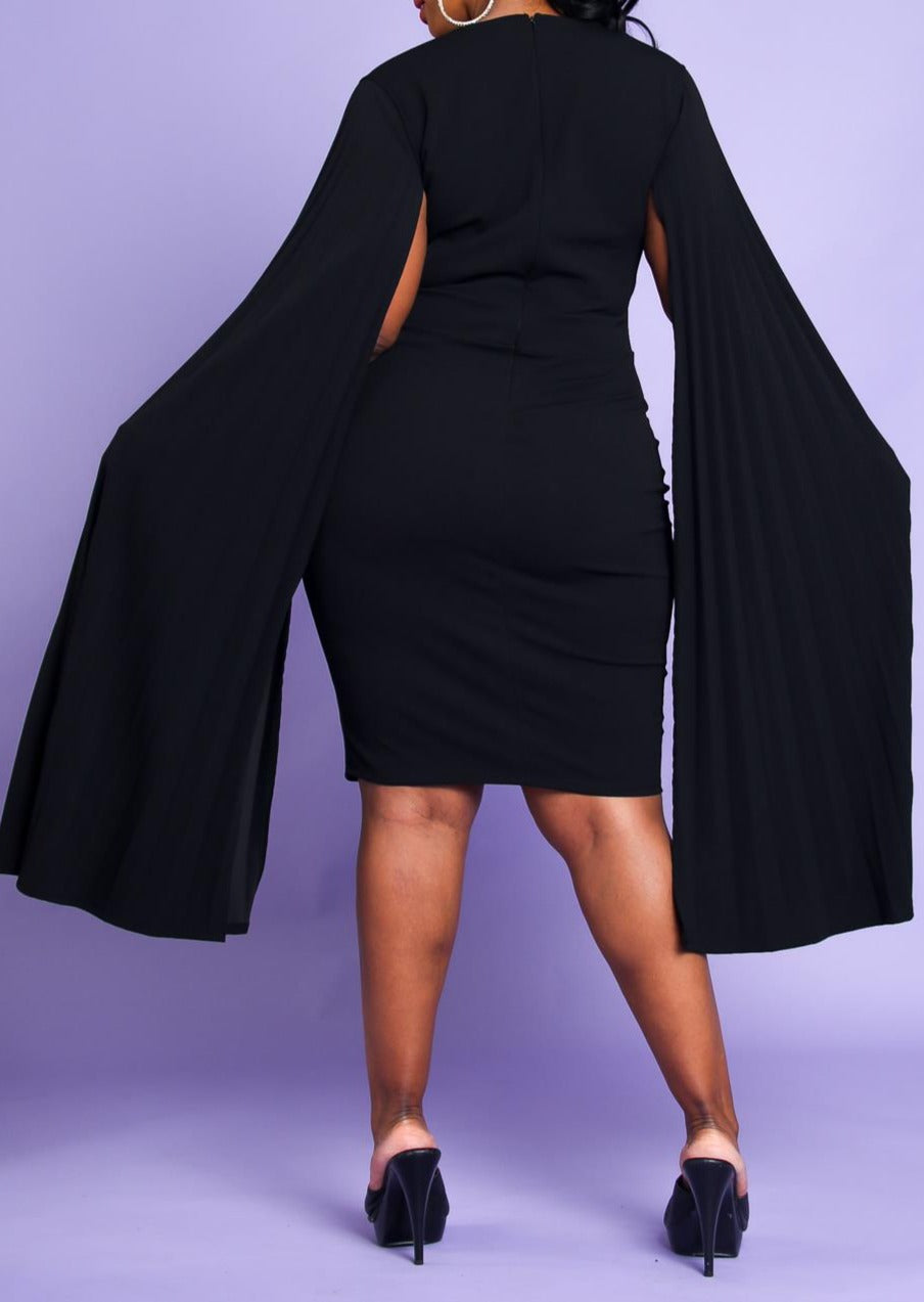 Hi Curvy Plus Size Women Pleated Cape Sleeve Bodycon Dress Made In USA