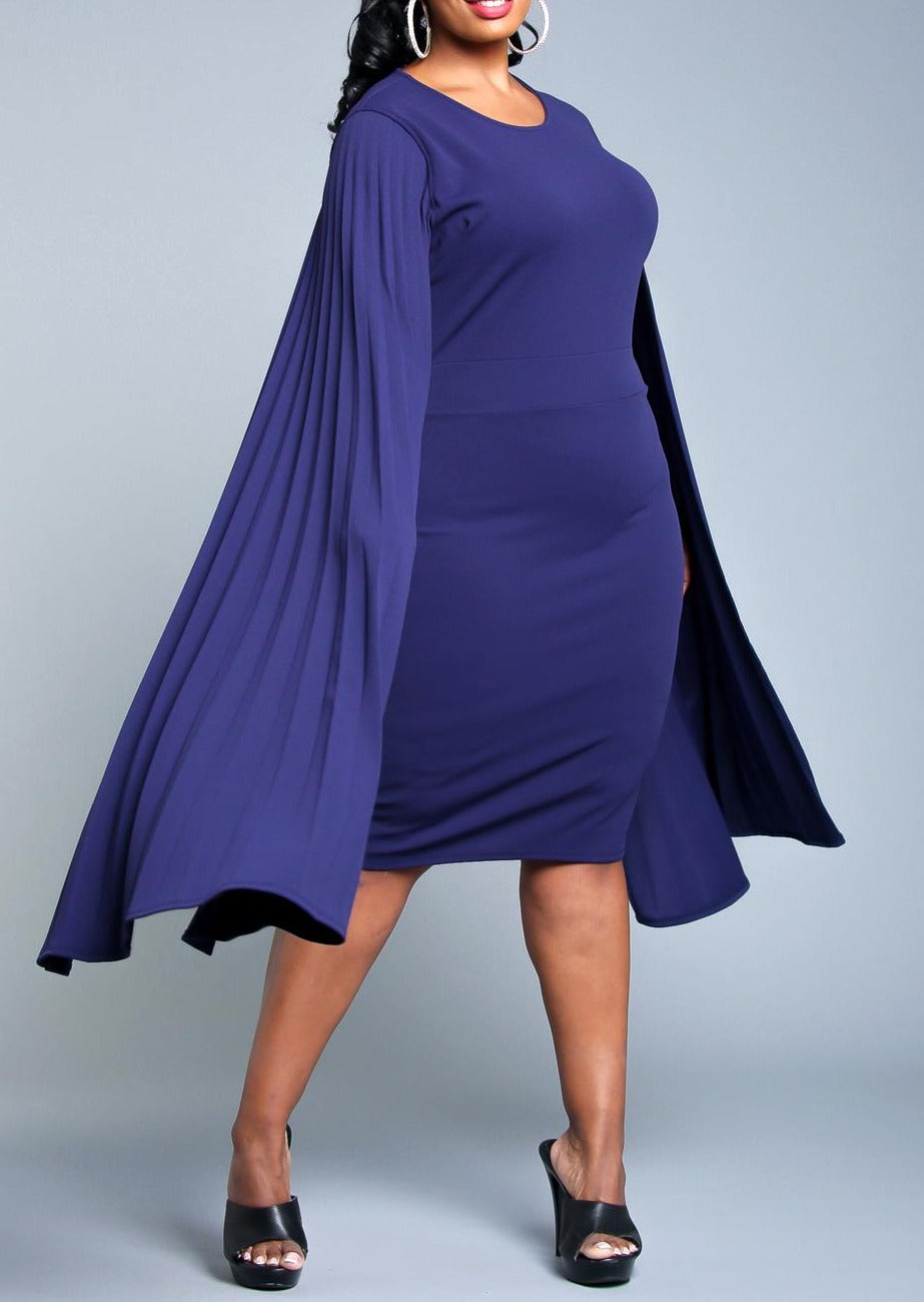 Hi Curvy Plus Size Women Pleated Cape Sleeve Bodycon Dress Made In USA