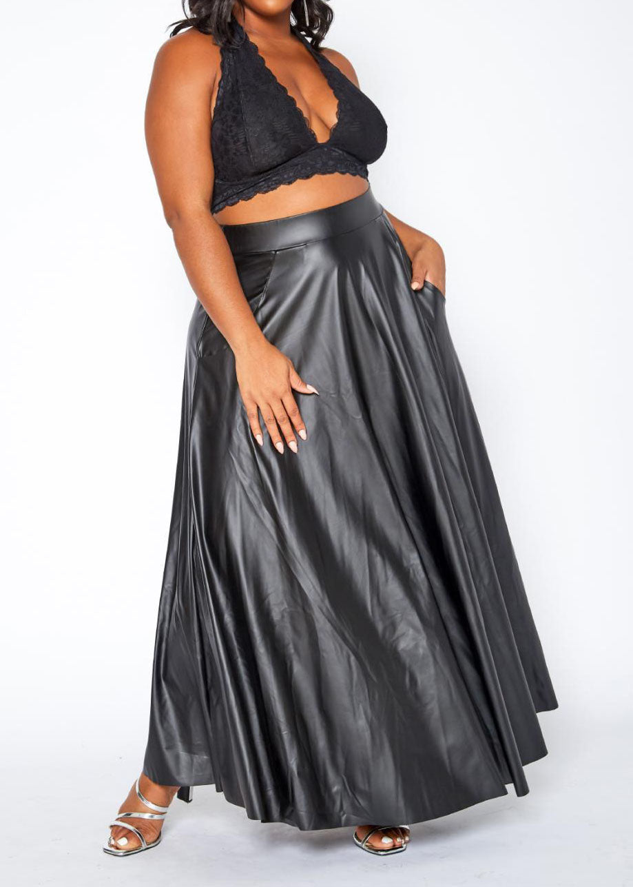 Hi Curvy Plus Size PU Leather Wide Flare Maxi Skirt