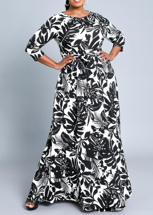 Hi Curvy Plus Size Women Leaf Print Flare Maxi Dress with Pockets