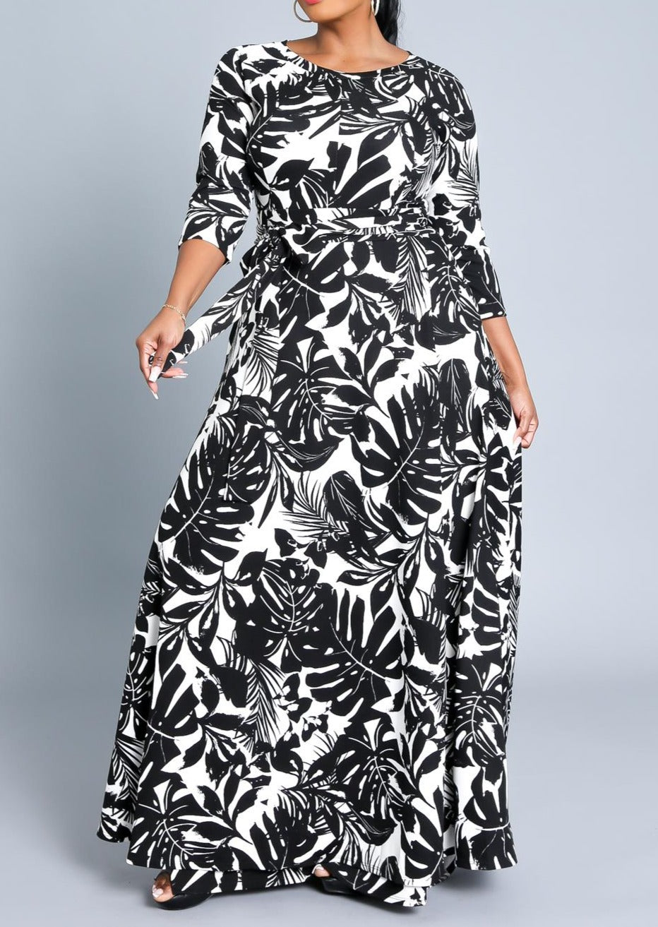 Hi Curvy Plus Size Women Leaf Print Flare Maxi Dress with Pockets