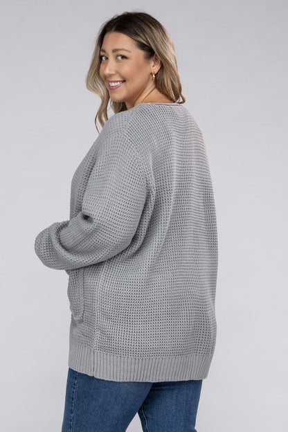 HI Curvy Plus Size Women Low Gauge Waffle Open Cardigan Sweater