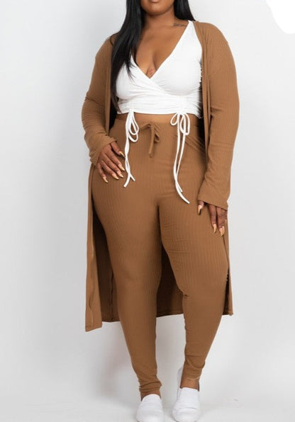 Hi Curvy Plus Size Women Ribbed Long Cardigan & Leggings Set