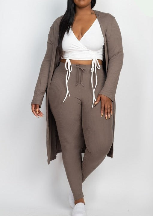 Hi Curvy Plus Size Women Ribbed Long Cardigan & Leggings Set