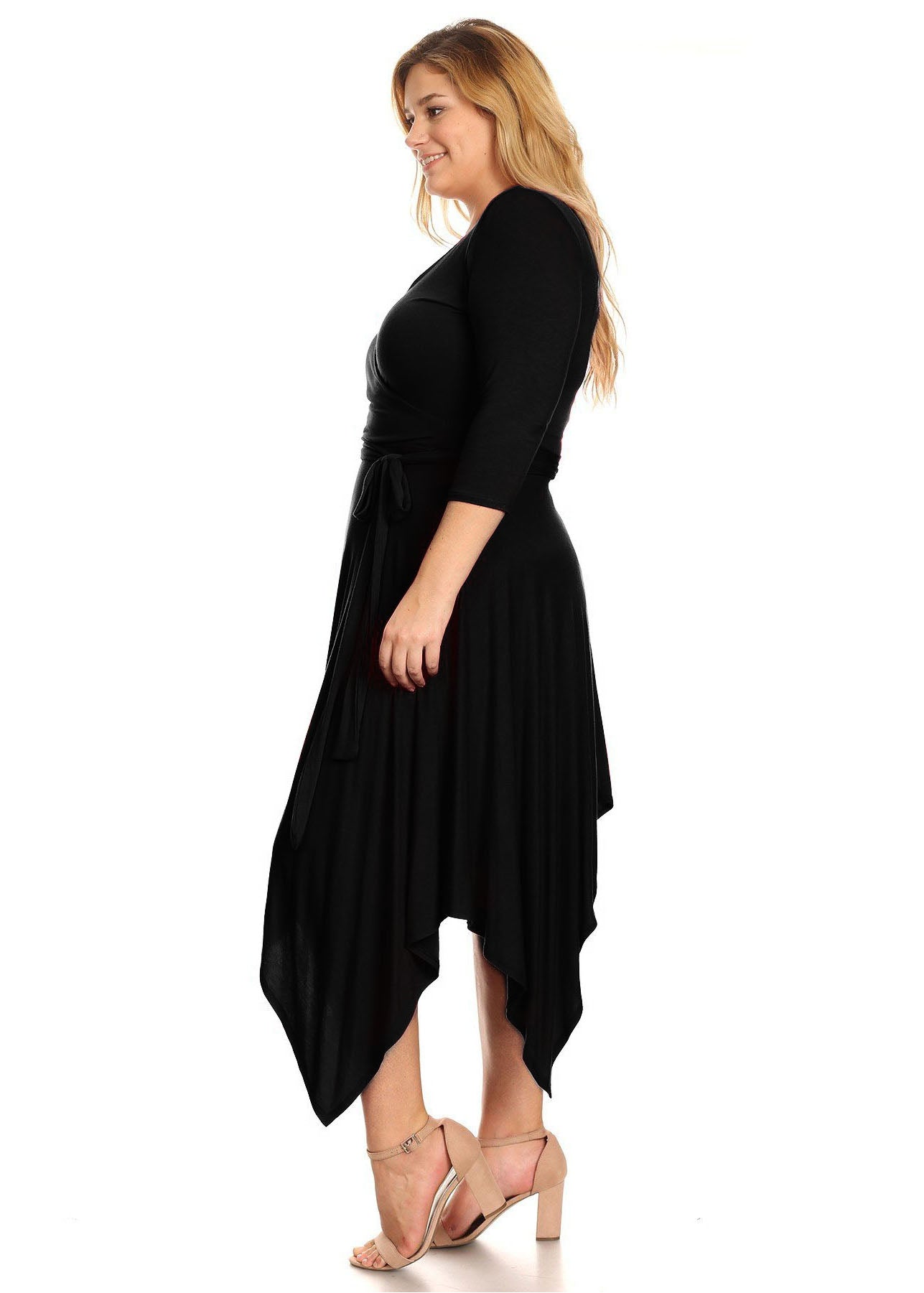 Plus Size women Asymmetric Pleated hem Wrapped Flare Midi Dress 3/4 Sleeves