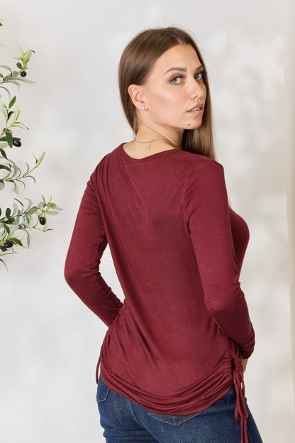 Full Size Drawstring Round Neck Long Sleeve Top