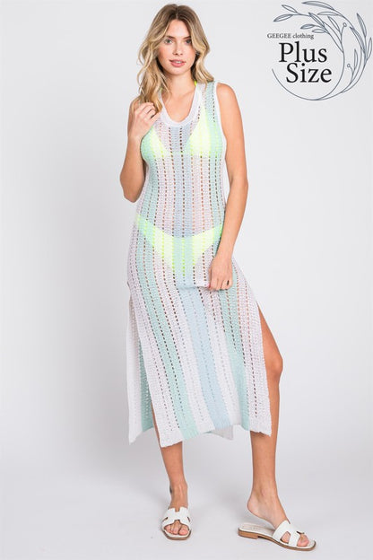 Plus Crochet Beach Striped Cover-Up Dress