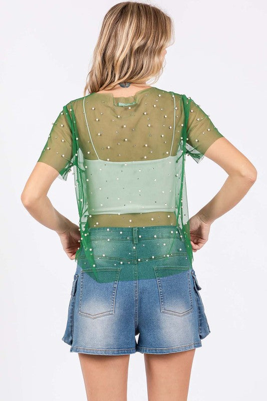 Plus Rhinestone & Pearl Mesh Top