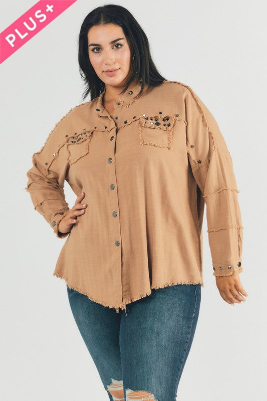 Hi Curvy Plus Size Women Distressed hem button down oversize shirt