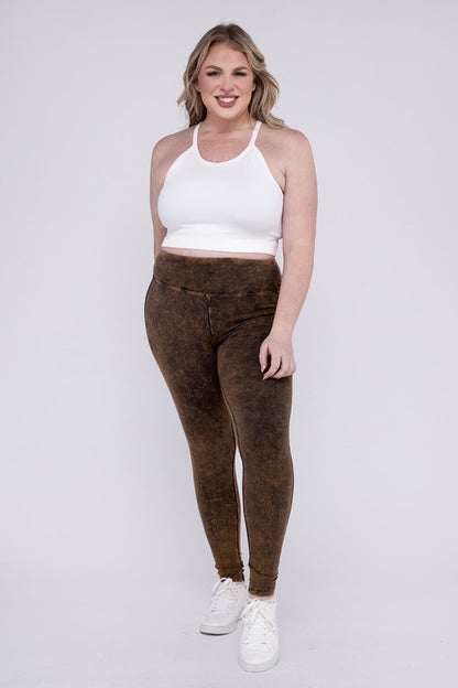 Hi Curvy Plus Size Women Mineral Washed Wide Waistband Yoga Leggings