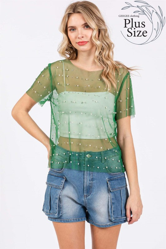 Plus Rhinestone & Pearl Mesh Top