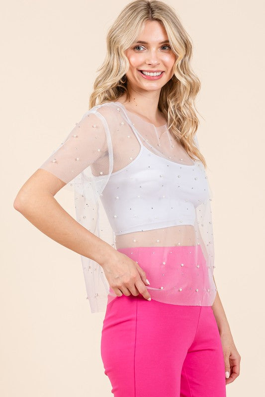 Plus Rhinestone & Pearl Mesh Top