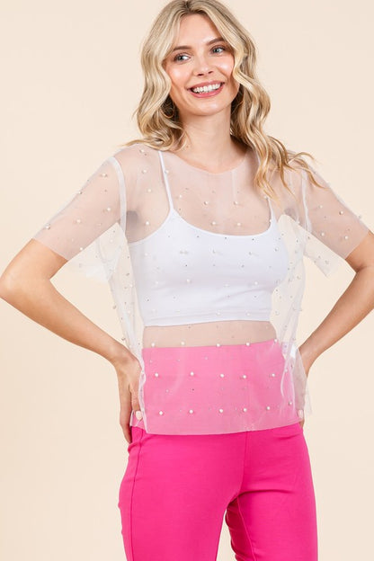 Plus Rhinestone & Pearl Mesh Top