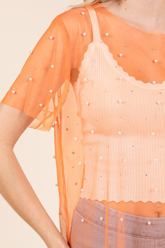 Plus Rhinestone & Pearl Mesh Top