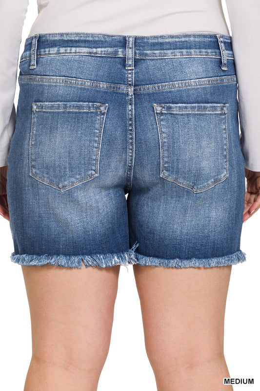 Hi Curvy Plus Size Women Mid Rise Raw Frayed Hem Denim Shorts