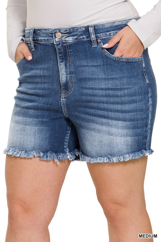 Hi Curvy Plus Size Women Mid Rise Raw Frayed Hem Denim Shorts