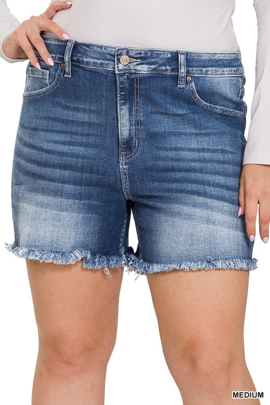 Hi Curvy Plus Size Women Mid Rise Raw Frayed Hem Denim Shorts