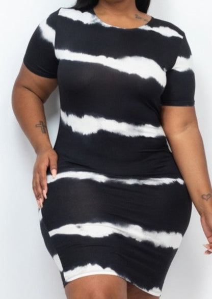 HI Curvy PLUS Size Women Stripe Tie-Dye Printed Midi Dress