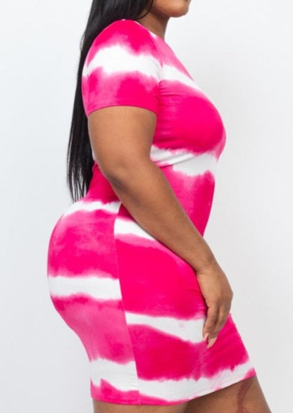 HI Curvy PLUS Size Women Stripe Tie-Dye Printed Midi Dress