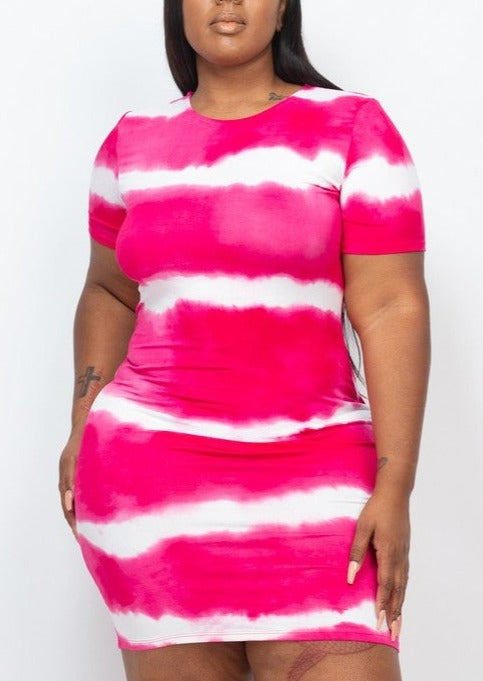 HI Curvy PLUS Size Women Stripe Tie-Dye Printed Midi Dress